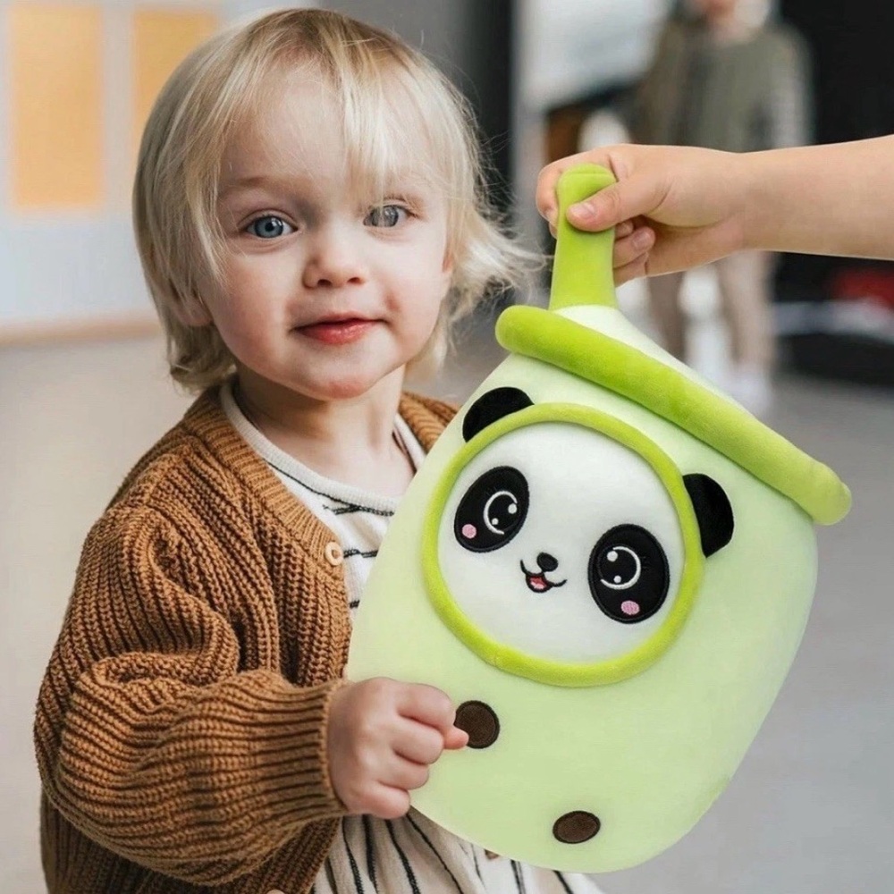 Cute Panda Bubble Tea Plush Pillow Green Boba Drink Stuffed Animal 13.7” Toy